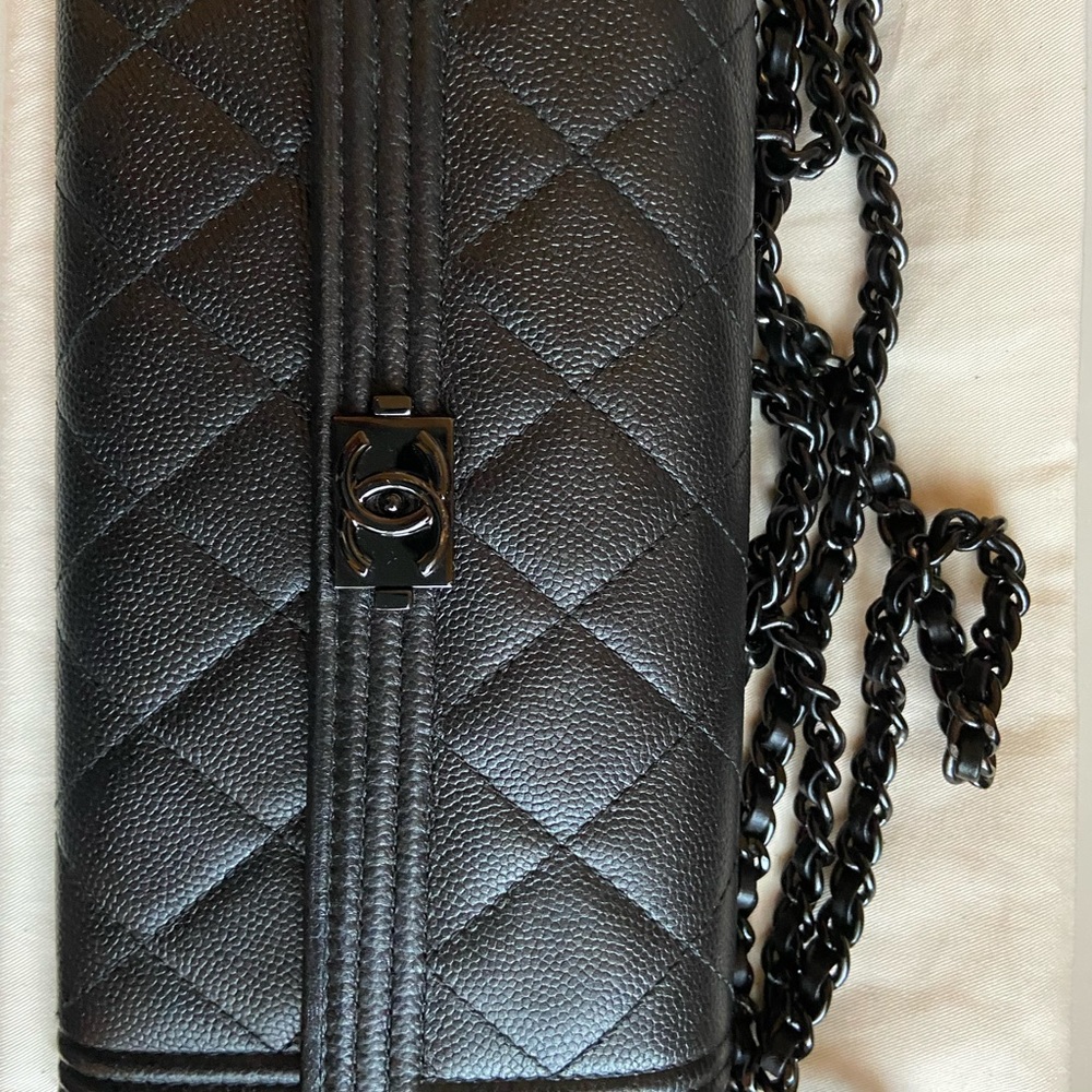 CHANEL Black Quilted Caviar Leather Wallet on Chain